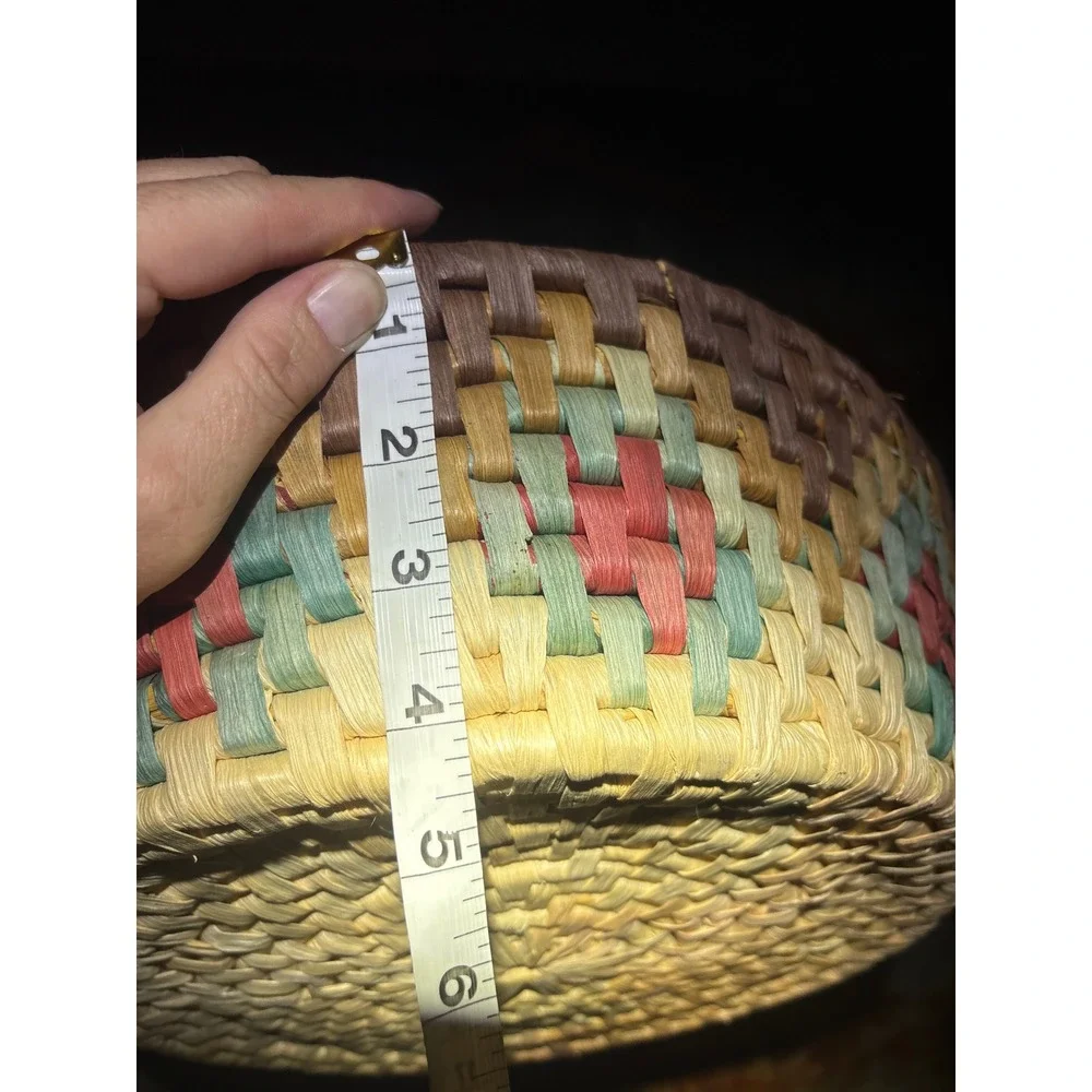 Vintage Handwoven Round Raffia Basket Tray Floral Geometric Pattern with Handles